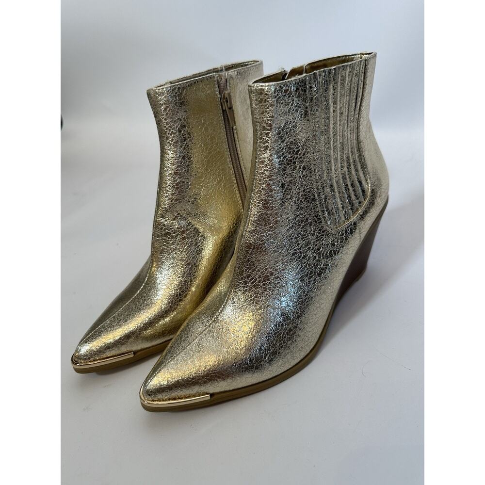 GOLD COWBOY Ankle Boots Size 9 Wedge Heel Glam Rocker Cowgirl